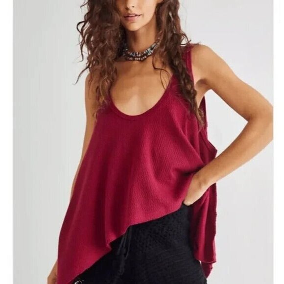 FREE PEOPLE Sing La La Raw Asymmetrical Tank Top Maroon Wine Women's Small - Picture 1 of 5